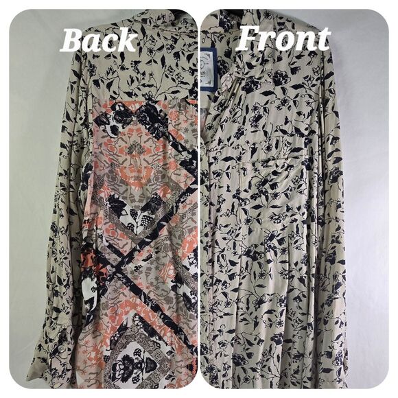 Style & Co 1x Beige wLeafy Navy Print and A Party In The Back! Button Up Blouse - Picture 1 of 9